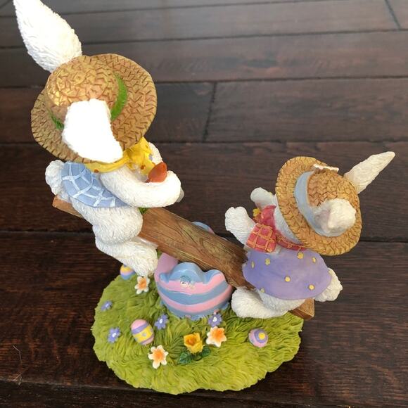 Bunnies on a Seesaw Figure Easter Decor Colorful Spring Polystone? Moveable - Picture 7 of 10